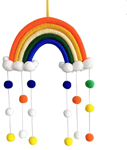 Dimoxii Regenbogen Wandbehang Kinderzimmer Handgewebte Makramee Regenbogen Wanddeko mit Ball Boho Für Kinderschlafsaal Deko Bohomian babyzimmer (A07)
