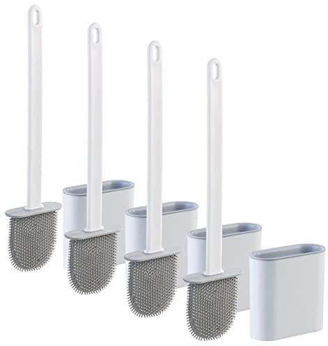 BadeStern WC-Bürstengarnituren: 4er-Set WC-Silikonbürsten mit atmungsaktivem Bürstenhalter, weiß/grau (Freistehende Toilettenbürste, Klobürste Silikon flach, Wandhalterung)