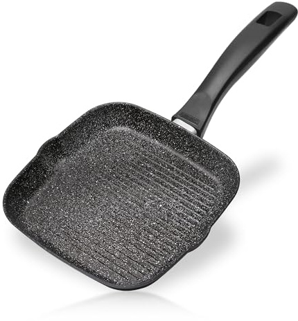 STONELINE Grillpfanne 16 x 16 cm, Aluguss Pfanne antihaftbeschichtet mit echten Steinpartikeln, Schüttkerben, Kleine Pfanne Induktion backofengeeignet, Steak Pfanne Eckig, Schwarz