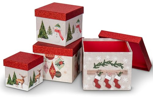 Oairse 4 Stück Geschenkboxen mit Deckel in verschiedenen Größen - Geschenkbox ineinander steckbar - Verpackung für Weihnachtsgeschenke - Weihnachtsgeschenkboxen in 4 verschiedenen Designs