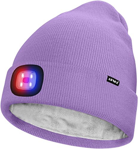 ATNKE Unisex LED Mütze mit Licht,Wiederaufladbare USB 4 LED Rot und Blau Leuchten Blinkender Laufmütze Lampe Warme Gefüttertes Fleece Stricken Mütze für Herren und Damen Geschenke/Taro Purple