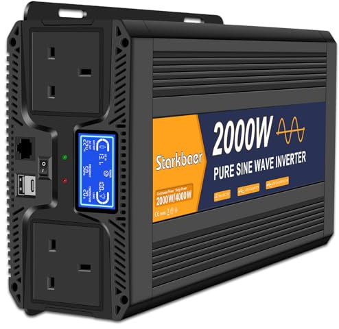 Starkbaer 2000W Pure Sine Wave Inverter 12V to 240V/230V Converter Car Power Inverter, with 2 UK G sockets & 2 USB​, 5m Remote Controller, LCD Display, for RV, Camping, Emergency, Truck, Off-Grid