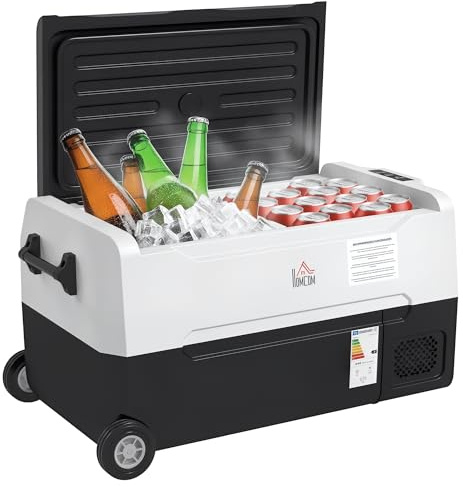 HOMCOM Nevera Compresor Portátil 30,5L Refrigerador de Coche -20℃-20℃ 12 / 24V DC y 100-240V CA con 2 Ruedas Asas y Compartimento Congelador para Camping Viajes 72,6x39x37,3 cm Negro