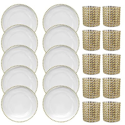 Trimming Shop Clear Charger Plates Set of 10 and 10 Pack Acrylic Gold Napkin Rings, Glass Charger Plate Beaded Design 33cm Chargers for Dinner Serving Plates Decor Wedding Decoration
