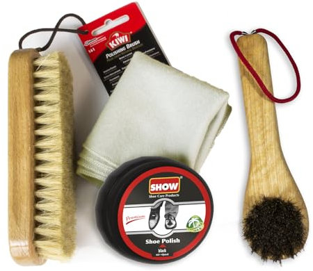 Shoe String SHOW Black Officers Complete Polish Kit - Brushes, high shine cloth & application brush.
