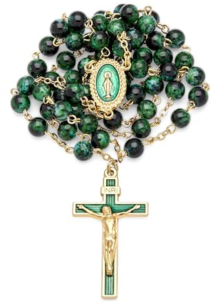 Mondo Cattolico Rosary Beads catholic for Women and Men from Vatican, Miraculous Virgin Green Rosary with Variegated Glass on a Gold Plated Brass Chain - Perfect Catholic gifts (Green)
