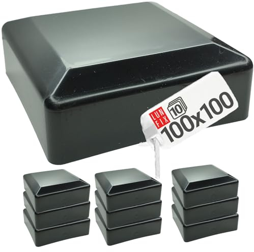 LUN FIX Pfostenkappe Zaunkappe Rohrkappe Schwarz 100x100 mm 10 Stk | Kunststoff, Eckig, Abdeckkappen für Zaunpfosten, Vierkantrohr, Pfostenabdeckung, witterungsbeständig