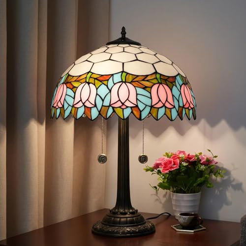BOTOWI Tiffany-Stil Home Tischlampe – Rot Rosa Tulpe Design Schreibtisch Leselicht – Buntglasbeleuchtung mit 2 Lichtern – Vintage-handgefertigte Zimmer Nachttisch Dekor Armaturen 16X16X23 Zoll,Rosa