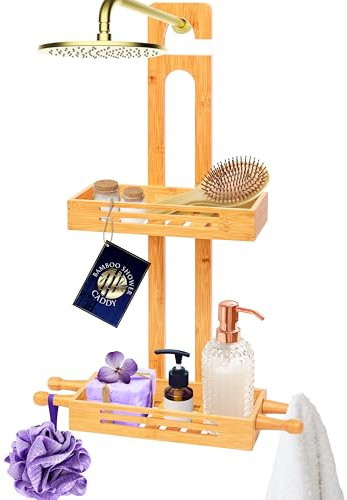 SereneLife Portaoggetti Doccia, Portaoggetti Bagno in Bambù a 2 Ripiani, Organizer Bagno Antiscivolo con Mensola Doccia Autodrenante per Shampoo, Bagnoschiuma, Sapone e Accessori