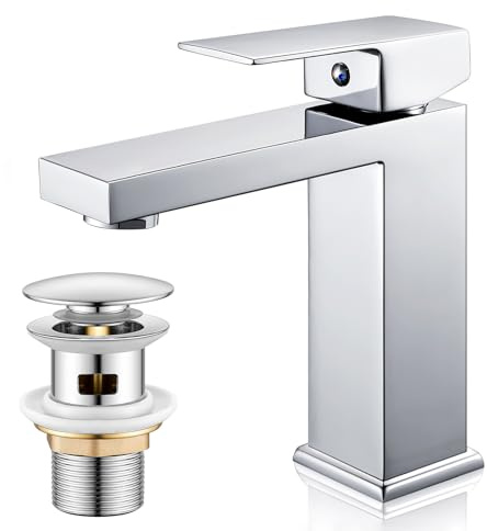 Wasserhahn Bad Chrom Einhebelmischer Eckig mit Pop-Up Ablauf | Waschtischarmatur mit Höhe 164 mm, Mischbatterie für Waschbecken im Badezimmer, G3/8, Keramikkartusche, Spritzwasserarm