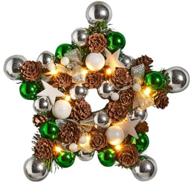LED Stern Türkranz 28 cm Weihnachtskranz Beleuchtet Adventsdeko Fenster | warmweiß, batteriebetrieben, Sternenform, Kugeln, Zapfen, Fensterdeko, Tischkranz, festliche Weihnachtsdekoration, Indoor