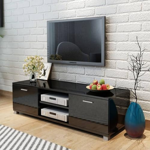 Gecheer Glänsande svart TV-bänk 140 x 40,5 x 35 cm, modernt TV-skåp, TV-bord, TV-skåp, TV-skåp, TV-skåp, vardagsrumsskåp, P243044