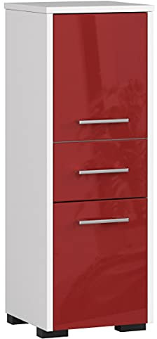 AKORD Badezimmerschrank schmal FIN 30 cm | mit 2 Türen und 1 Schublade | Schränke | Badezimmer Kommode | B30 x H85 x T30 cm | Gewicht 15,25 kg | Weiß/Rot Glanz