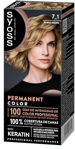 Syoss Permanent Color Tono 7-1 Rubio Medio, Tinte para Pelo Mujer, Cobertura Profesional de Canas, Color Duradero y Cuidado Profundo, Incluye Mascarilla Intensiva con Keratina