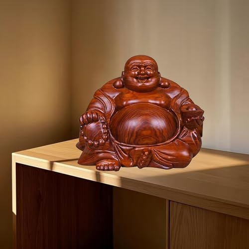 Buddha Statue – Heimdekoration Ornamente – Desktop Kunststatue, handgeschnitzt, roter haltender Barren, lachende Buddhas aus Holz, Hotei Happy Buddha Figur, zieht Glück und Reichtum an(13*9*10cm)