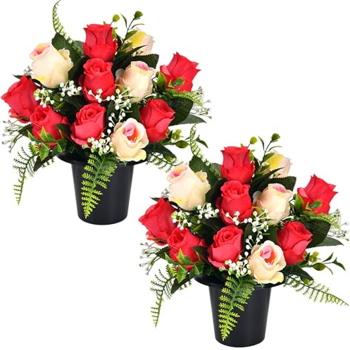 Set di 2 fiori artificiali per tombe in vaso con 12 rose rosse e oro in fiocchi di plastica in seta funerale commemorativa cimitero fiori artificiali per tomba all'aperto ornamenti per nonno, mamma