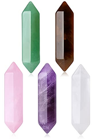 XIANNVXI 5 Pcs Pointes de Cristal de Guérison,Baguettes de Cristal,Pierres Précieuses en Cristal de Quartz Rose Améthyste Quartz Clair,Cadeaux en Cristal pour Femmes