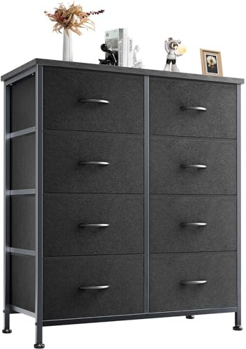 DUMOS Kommode für Schlafzimmer mit Stoffschubladen hohe Organizer für Kleidung Schrank Kinderzimmer Aufbewahrungsturm mit Schrank Metallrahmen Holzplatte leichte