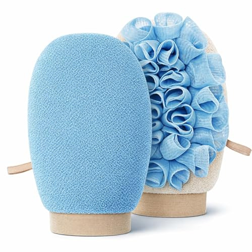 2-in-1 Exfoliating Glove for Self Tan Removal & Daily Shower, Dual-Sided Korean Body Scrubber Mitt with Loofah Sponge, Dead Skin Remover for KP, Ingrown Hair & Smooth Skin