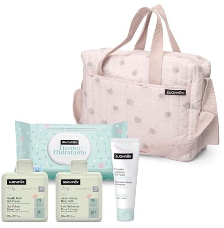 Suavinex, Borsa cambio bambino con cosmetici: Gel detergente delicato 300 ml + Latte idratante 300 ml + Crema per il cambio 75 ml + Salviette 60 unità. Regalo di nascita per bambina e bambino, rosa