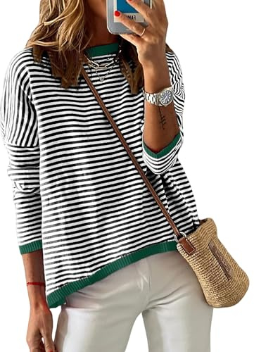 Wayleb Jersey de Mujer de Punto A Rayas Manga Larga Cuello Redondo Suéter Ligero Pullover Casual Elegante Cómodo Tops Suaves Cálido para Otoño Invierno