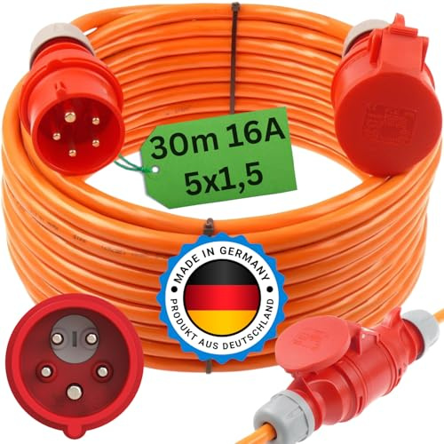 Starkstromkabel Phasenwender 16A 5-50m H07BQ-F 5x1,5 Orange Starkstrom Verlängerungskabel CEE Verlängerung 16 Ampere Kabel Baustelle Werkstatt Industrie Geeignet Outdoor IP44 (30m Phasenwender)