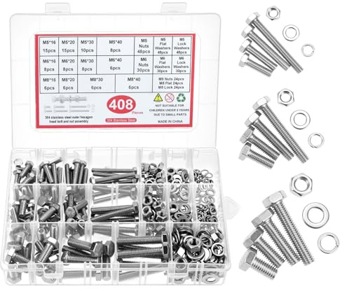 QWORK® 408 Stück Schraubenset 304 Edelstahl A2-70 - M5 M6 M8 Sechskantschrauben mit Muttern und Unterlegscheiben