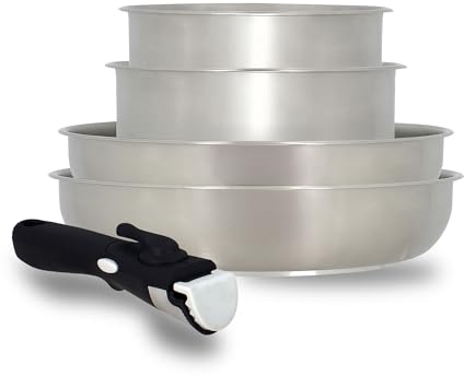 MENASTYL - Batterie de cuisine inox 18/10 amovible 5 pièces Iris Inox sans PFAS - Tous feux dont induction, four, réfrigérateur et lave-vaisselle - Empilable et résistante - Poignée double sécurité