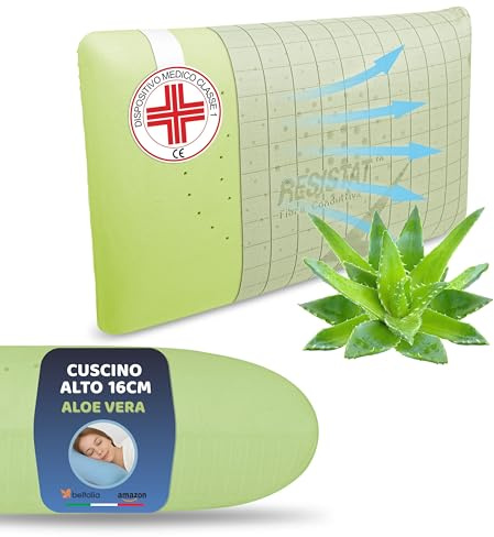 BELTALIA Cuscino Cervicale Alto 16 cm Aromaterapico Antirussamento – Dispositivo Medico Classe 1 Detraibile – Traspirante – Fodera Resistat – Made in Italy - (Aloe Vera Resistat, 73x43 H16)