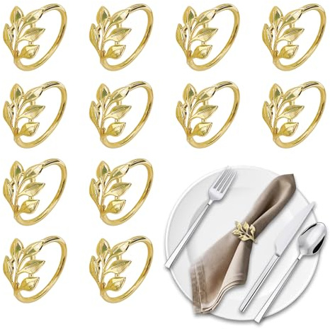 PIujsym 12 Stück Serviettenringe Gold, Elegantes Reisblatt-Design mit Perle, Metall Serviettenhalter für Weihnachten Hochzeit und Festliche Tischdekoration