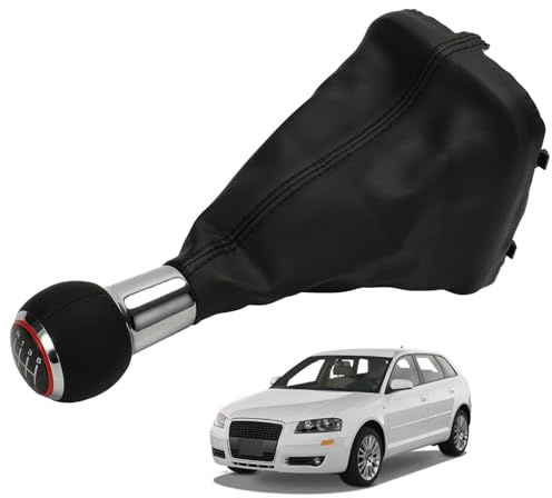 LDLRevX Kit Pomo Palanca Cambio Para A3 8P 2003-2013 6 Velocidades | Funda de Cambio Marco Cuero estilo Alcantara; Conjunto Anillo Rojo Costuras Negras