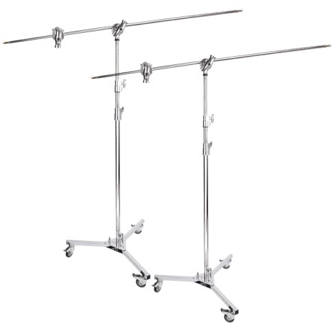 BOLLUMA 2 Packs Heavy Duty C Stand with Boom Arm and Casters, Max Height 326cm, Stainless Steel Light Stand with 127cm Holding Arm, 2x Grip Heads for Photography Softbox Reflector Flash Video Light