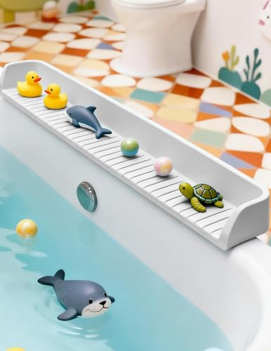 Splash Guard for Bathtub 31.5 Inch Silicone Tub Splash Guard with 11 Suction Cups Foldable Bath Toy Holder & Play Shelf Prevents Water Spills for Standard Tubs (Light Gray)