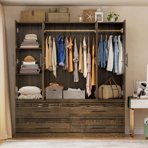 PAKASEPT Armoire Wardrobe Closet with 4 Doors, 70.87 H Bedroom Armoires with Openwork Door, Drawers, Hanging Rod and Shelves, Wardrobe Cabinet for Bedroom