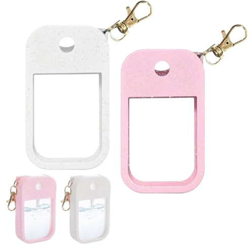 ACKKOR Set di 2 Custodie in Silicone per Spray Disinfettante Mani (30 ml/1 Fl Oz), con Portachiavi, per Viaggio e Scuola (Rosa e Bianco)