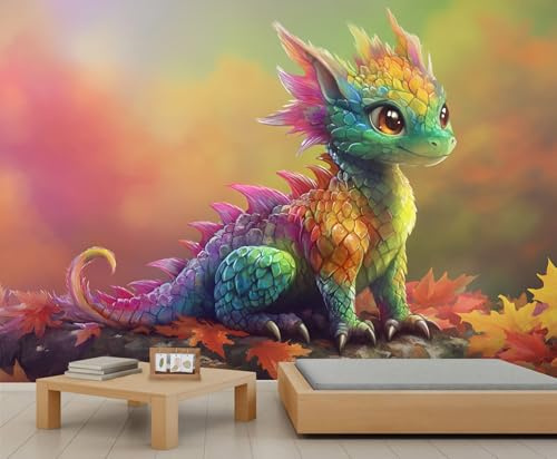 Regenbogen Drache Tapete Niedlicher Bunter Drache für Kinder Tapeten 3D Effekt Wand Wohnzimmer Fantasie Tapete Wandtapete für Schlafzimmer 150 X 105 cm