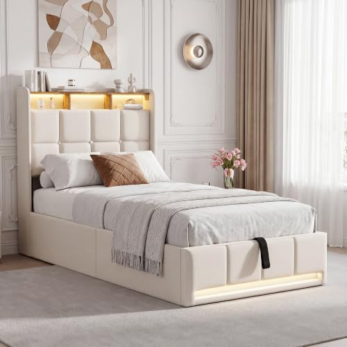 Einzelbett mit Lattenrost 90x200 cm,Polsterbett Bettgestell,Gästebett | Jugendbett mit Stauraum,Stauraumbett,Gepolstertes Einzelbett mit Bettkasten,Aufklappbett,Bettgestell ohne Matratze