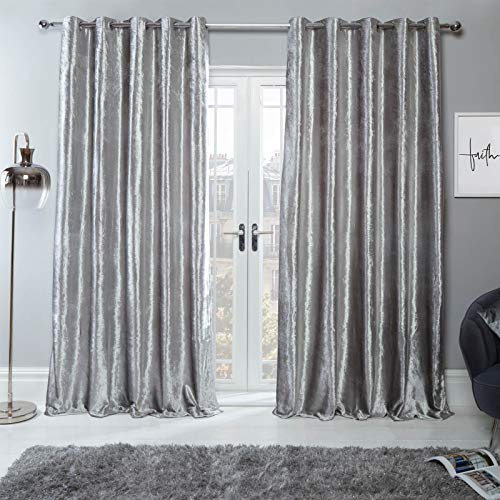 Sienna Silver Crushed Velvet Curtain Eyelet Ring Top Pair of Fully Lined Curtains, Soft Luxury Light Blocking Curtains for Bedroom Living Room 2 Panel, 66 x 54