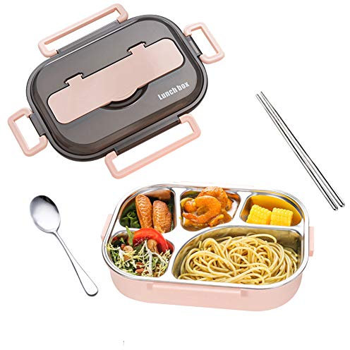 amropi Acero Inoxidable Fiambrera Contenedores de Alimentos Apta para lavavajillas Bento de Comida Caja de Almuerzo con Cuchara(Rosa,5 Compartimentos)