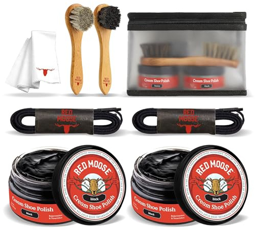 RED MOOSE 7pc Full Leather Shoe Polish Kit – 2x Brush, Buffing Cloth, Travel Case, Laces Black Size: Standard
