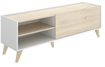 DEKIT GRUPO RIMOBEL Ness Módulo TV bajo, Tableros de partículas, Blanco/Natural, Natural/B.Brillo