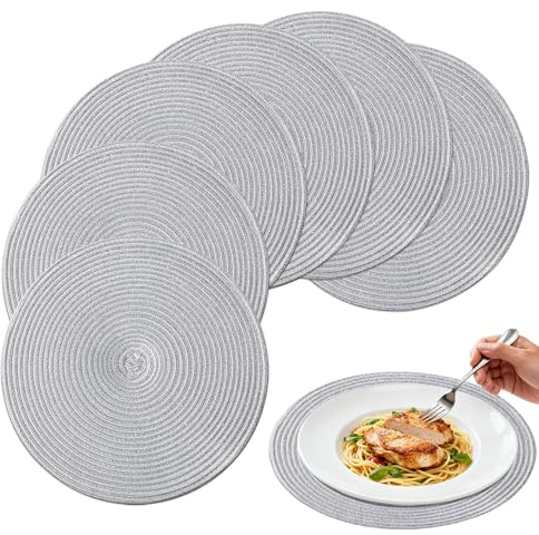 wiipara 6er Set Tischsets Rund Silber für Weihnachten Deko, Platzsets 38 cm | Abwaschbar, Rutschfest, Hitzebeständig, Gewebte Platzdeckchen, Runde Placemats für Esstisch, Hochzeit, Hotel, Weihnachtsdeko