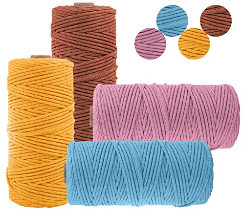 Uiopa 4 Piezas Hilo Macrame 3mm x 100m, Cuerda Macrame Cuerda de Algodon Natural, Algodó Cordel Hilo para DIY Artesanía, Colgador de Plantas, Cortinas, Colgar Fotos, Decoración Navideña (4 Colores F)