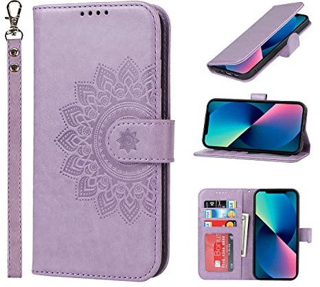 ELTEKER Handyhülle iPhone 13, Hülle für iPhone 13 Klapphülle, [3 Kartenfächer] [Magnet Verschluss] Leder Eleganter Prägung schutzhülle Klapphülle Ledertasche Hülle für iPhone 13, Violett