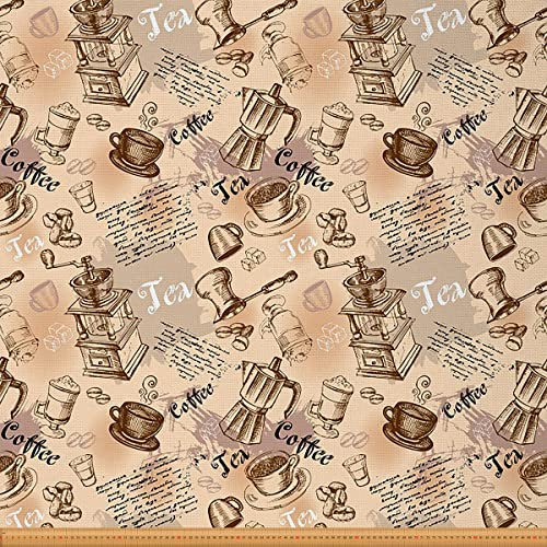 The Yard, tessuto da tappezzeria vintage con macchina da caffè espresso, tessuto stile retrò scarabocchio, per progetti fai da te, tessuto impermeabile, 1 m, lunghezza 92 x larghezza 150 cm, marrone