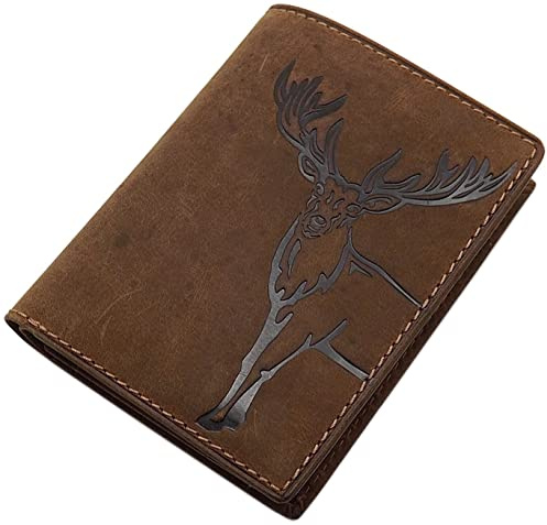 myledershop - Monedero de Piel de búfalo con Ciervo, diseño en Altura o Formato oblongo con Bloqueo RFID y NFC en Color marrón, Modelo 1 - Formato Retrato - Marrón, Talla única, Único
