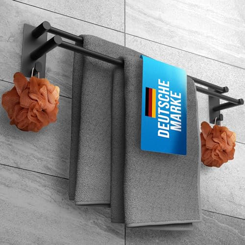 LOBUX® - Handtuchhalter ohne bohren schwarz – 80cm, Edelstahl rostfrei – Handtuchhalter Bad doppelt, selbstklebend – Handtuchstange, Badetuchhalter inkl. 2 Handtuchhaken – Badezimmer, Duschwand, Küche