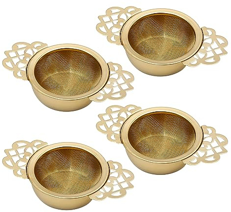 Aynaxcol 304 Stainless Steel Tea Drain Strainer Tea Filter Mesh Tea Drip Bowls Teapot Strainer With Petal Handles Tea Divider, Pack Of 4