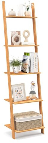 GIANTEX Leiterregal Bambus, Standregal Bücherregal 5 Ebenen, Wandlehnregal Treppenregal Pflanzenregal für Wohnzimmer Bad Küche, 43 x 35 x 165 cm, Natur