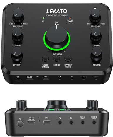 LEKATO USB Audio Interface for Songwriting, Streaming, and Podcasting, Bluetooth, Studio Quality Recording, Audio Mixer with XLR/OTG/Monitor/Instrument Ports, Multi-Functional